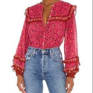 FREE PEOPLE JENNA PRINTED BLOUSE IN RED COMBO